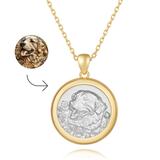 Custom Dog Portrait Gold Necklace - Personalized Pet Engraved Pendant